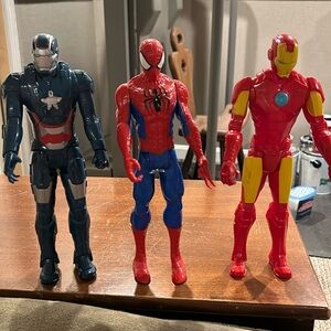 Captain America, Spider-Man and Iron Man, poseable action figures. 11” tall